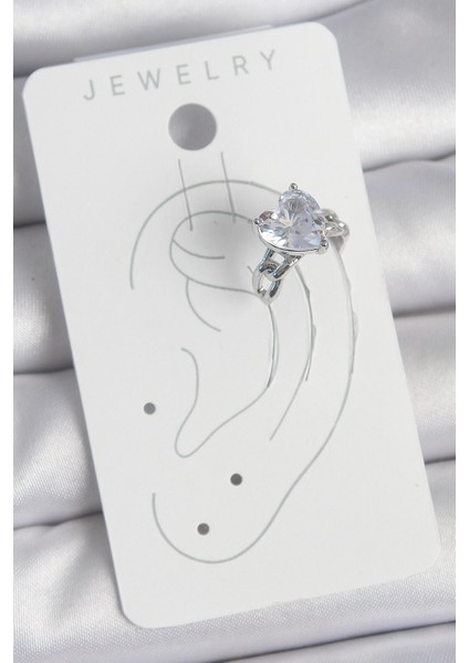 Pirinç Gümüş Renk Zirkon Taşlı Kalp Model Kadın Kıkırdak Küpe - Lisinya