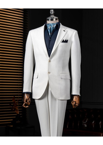 Italyan Stil Slim Fit Gofre Kumaş Ceket Pantalon Takım Elbise Ekru T13875