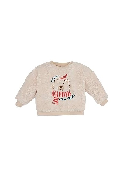 Erkek Bebek Regular Fit Bisiklet Yaka Ayı Baskılı Pelüş Sweatshirt