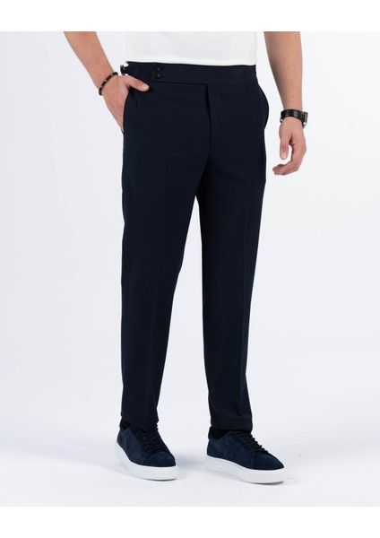 Italyan Stil Slim Fit Gofre Kumaş Bel Detaylı Erkek Pantolon Lacivert T11446