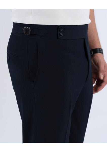 Italyan Stil Slim Fit Gofre Kumaş Bel Detaylı Erkek Pantolon Lacivert T11446 fırsatları