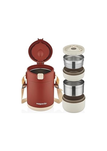 Vagolife Çelik Yemek Termosu Isı Yalıtımlı 2 Kaseli 1.8lt Sızdırmaz Vakumlu Kap Taşıma Askılı -FF10
