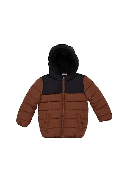 Erkek Bebek Su Itici Polar Astarlı Blok Renk Desenli Kapüşonlu Şişme Mont Kahve 24-36 Ay