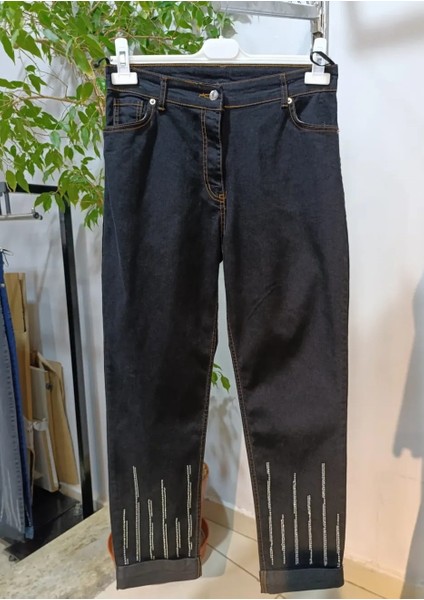 Birru Butik Kadın Yüksek Bel Taşlı Double Paça Full Likra Mom Jean Kot Pantolon