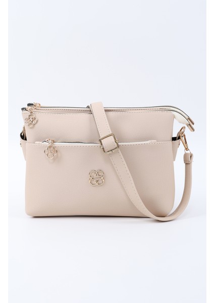 Krem SHK226 Suni Deri, Fermuarlı 3 Bölmeli El, Kol ve Omuz Çantası