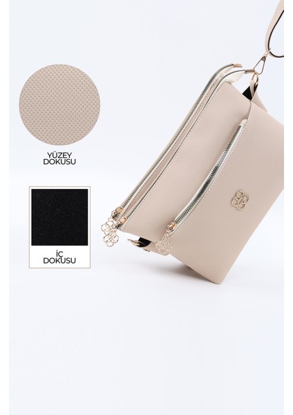 Krem SHK226 Suni Deri, Fermuarlı 3 Bölmeli El, Kol ve Omuz Çantası indirimleri