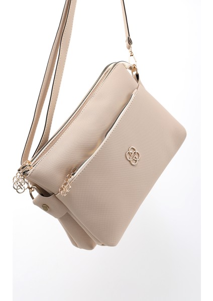 Krem SHK226 Suni Deri, Fermuarlı 3 Bölmeli El, Kol ve Omuz Çantası