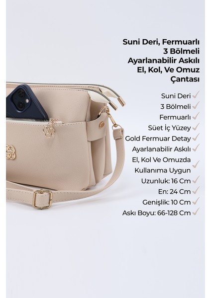 Krem SHK226 Suni Deri, Fermuarlı 3 Bölmeli El, Kol ve Omuz Çantası