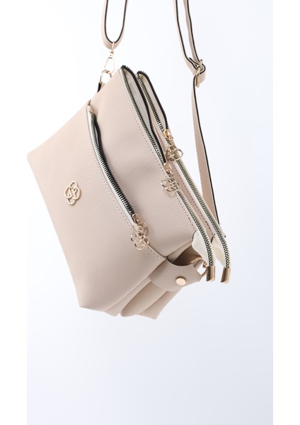 Krem SHK226 Suni Deri, Fermuarlı 3 Bölmeli El, Kol ve Omuz Çantası