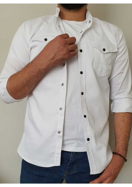 Kıvanç Beyaz Erkek Rahat Esnek Slim Fit Kalıp Pamuklu Kot Gömlek KIVANC-1927 fiyatları