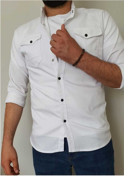 Kıvanç Beyaz Erkek Rahat Esnek Slim Fit Kalıp Pamuklu Kot Gömlek KIVANC-1927 modelleri