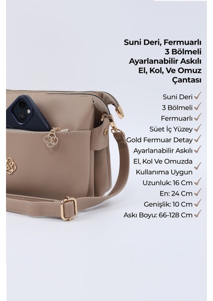 Vizon SHK226 Suni Deri, Fermuarlı 3 Bölmeli El, Kol ve Omuz Çantası