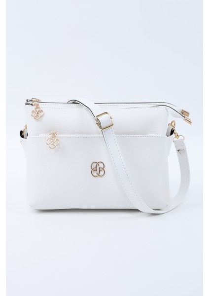 Beyaz SHK226 Suni Deri, Fermuarlı 3 Bölmeli El, Kol ve Omuz Çantası