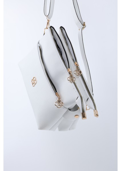 Beyaz SHK226 Suni Deri, Fermuarlı 3 Bölmeli El, Kol ve Omuz Çantası