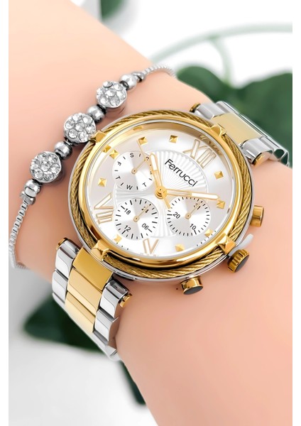 Kadın Kol Saati Çelik Kordon Çelik Kasa Taşlı Bileklik Hediyesi ile Gold-Gümüş ZMFER045