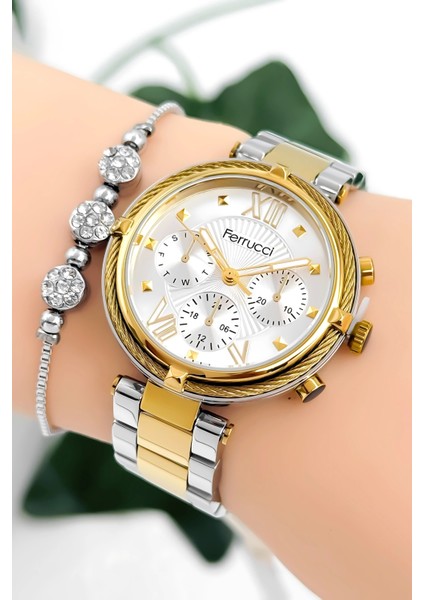 Kadın Kol Saati Çelik Kordon Çelik Kasa Taşlı Bileklik Hediyesi ile Gold-Gümüş ZMFER045 fiyatları