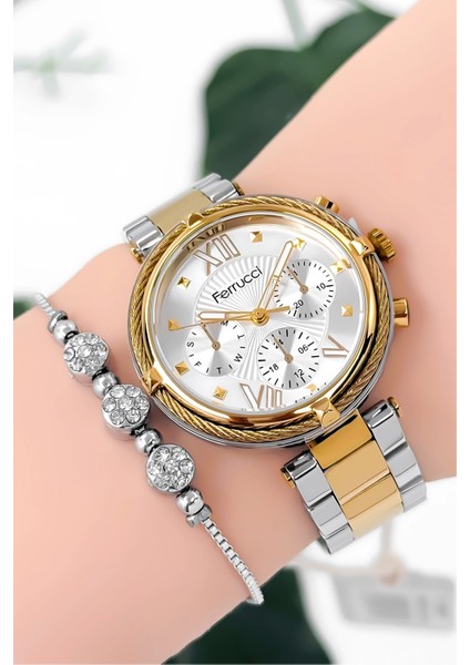 Kadın Kol Saati Çelik Kordon Çelik Kasa Taşlı Bileklik Hediyesi ile Gold-Gümüş ZMFER045 fırsatları