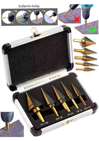 Alüminyum Çantalı 5 Konik Matkap Çok Delikli 50 Boyutlu Kademeli Matkap Seti Metal Ahşap Alet Delme Uçlar