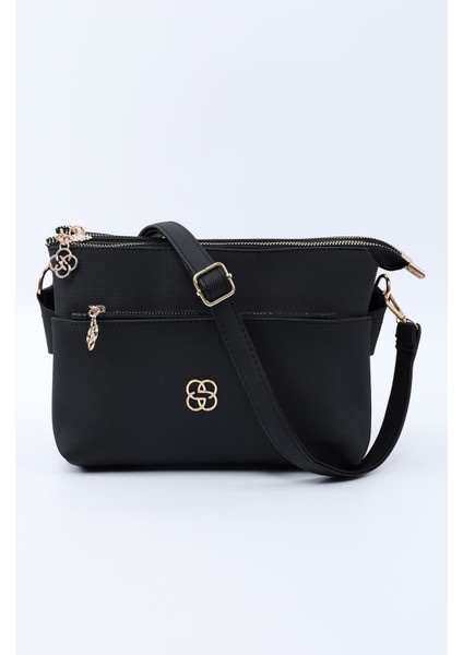 Siyah SHK226 Suni Deri, Fermuarlı 3 Bölmeli El, Kol ve Omuz Çantası