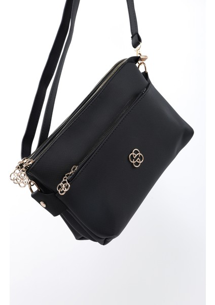 Siyah SHK226 Suni Deri, Fermuarlı 3 Bölmeli El, Kol ve Omuz Çantası