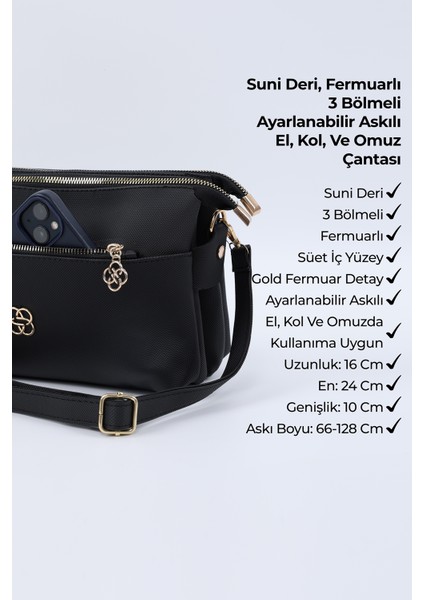 Siyah SHK226 Suni Deri, Fermuarlı 3 Bölmeli El, Kol ve Omuz Çantası