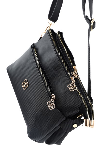 Siyah SHK226 Suni Deri, Fermuarlı 3 Bölmeli El, Kol ve Omuz Çantası