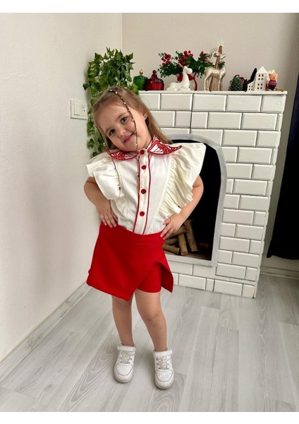 Kelebek Yakalı Bluz Şortlu Etekli 3lü Takım Kırmızı