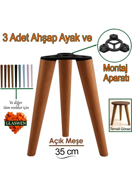 3 Adet Ahşap Ayak 35 cm Açık Meşe M8 Civatalı Bağlantı Aparatlı Mobilya Tabure Sehpa Masa Destek Ayağı