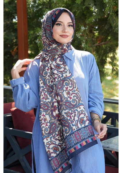 Etnik Desen Lacivert Soft Pamuk Şal