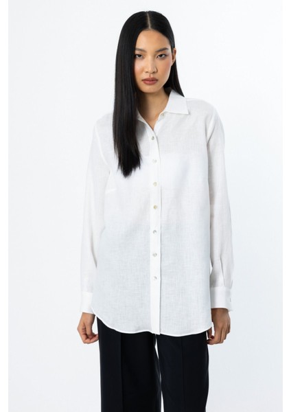 Kelebek Işlemeli Keten Bluz Ekru 03114