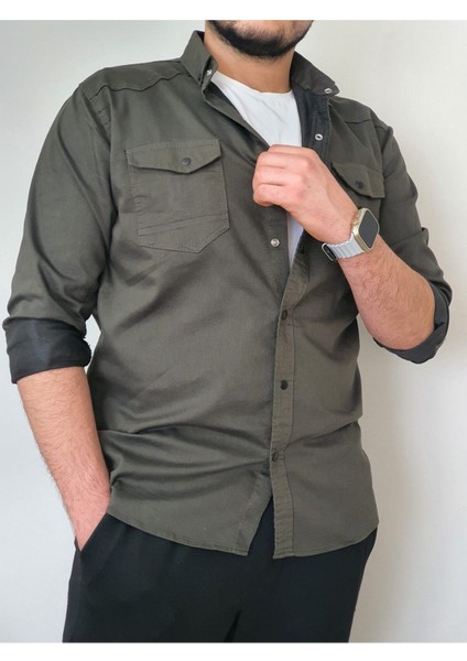 Kıvanç Haki Erkek Rahat Esnek Slim Fit Kalıp Pamuklu Kot Gömlek KIVANC-1927 modelleri