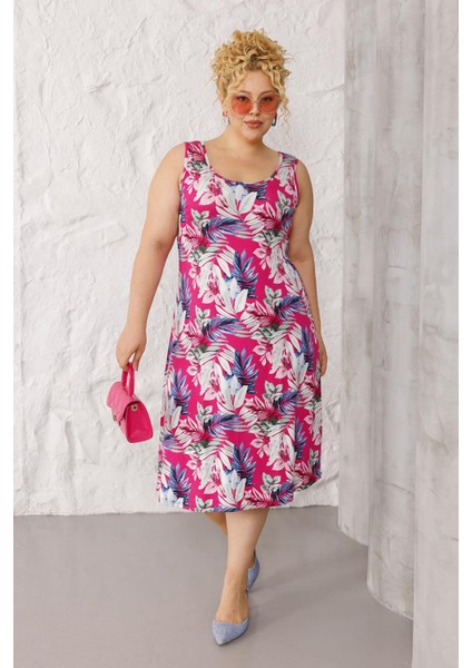 Kadın Pembe Beyaz Floral Desen Askılı Büyük Beden Elbise