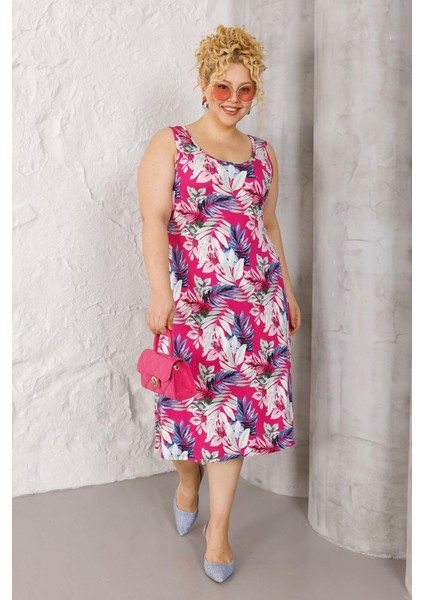 Kadın Pembe Beyaz Floral Desen Askılı Büyük Beden Elbise indirimleri