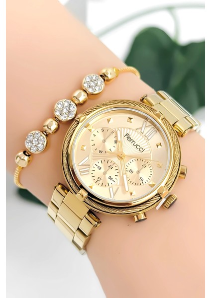 Kadın Kol Saati Çelik Kordon Çelik Kasa Taşlı Bileklik Hediyesi ile Gold ZMFER045