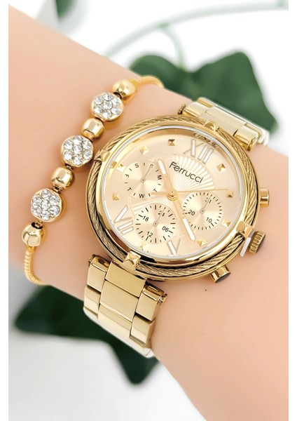 Kadın Kol Saati Çelik Kordon Çelik Kasa Taşlı Bileklik Hediyesi ile Gold ZMFER045 fiyatları