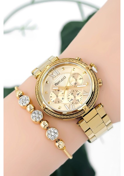 Kadın Kol Saati Çelik Kordon Çelik Kasa Taşlı Bileklik Hediyesi ile Gold ZMFER045 modelleri