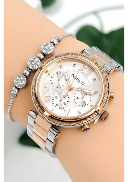 Kadın Kol Saati Çelik Kordon Çelik Kasa Taşlı Bileklik Hediyesi ile Rose-Gümüş ZMFER045