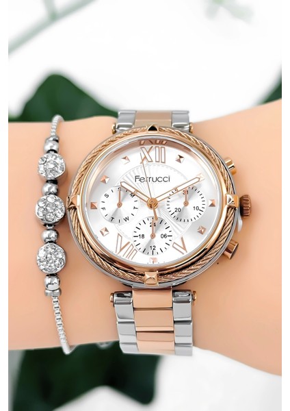 Kadın Kol Saati Çelik Kordon Çelik Kasa Taşlı Bileklik Hediyesi ile Rose-Gümüş ZMFER045 modelleri