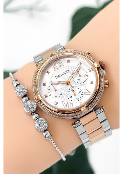 Kadın Kol Saati Çelik Kordon Çelik Kasa Taşlı Bileklik Hediyesi ile Rose-Gümüş ZMFER045 fırsatları