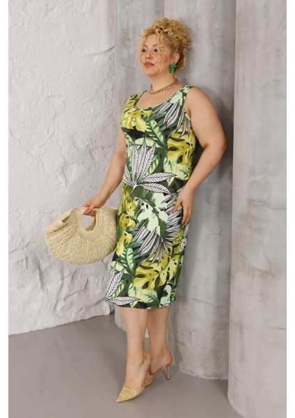 Kadın Yeşil Beyaz Tropikal Desen Askılı Büyük Beden Elbise modelleri
