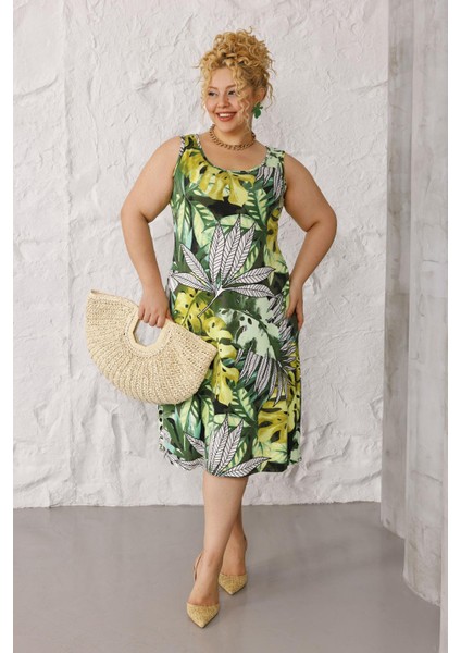 Kadın Yeşil Beyaz Tropikal Desen Askılı Büyük Beden Elbise fırsatları