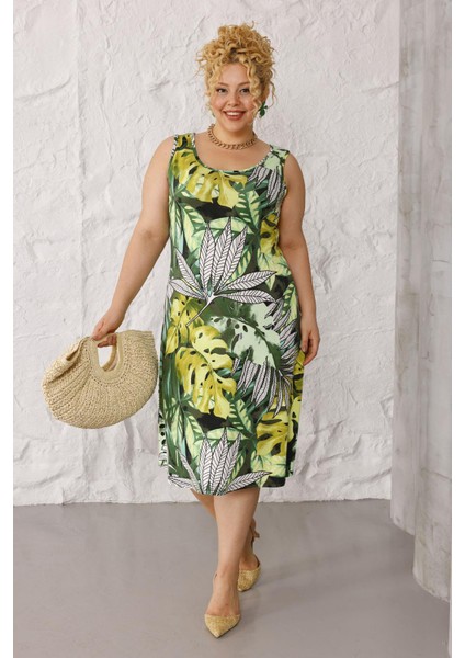 Kadın Yeşil Beyaz Tropikal Desen Askılı Büyük Beden Elbise indirimleri