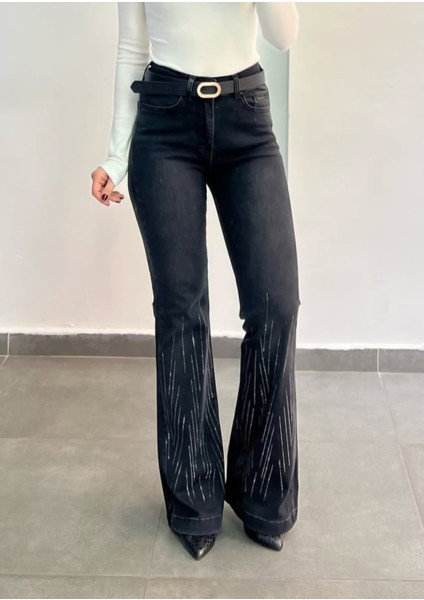 Birru Butik Kadın Yüksek Bel Taşlı Ispanyol Paça Full Likra Kot Pantolon