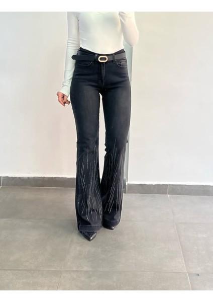 Birru Butik Kadın Yüksek Bel Taşlı Ispanyol Paça Full Likra Kot Pantolon fiyatları