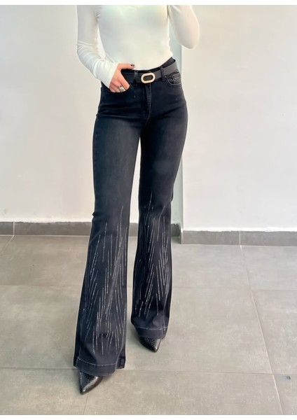 Birru Butik Kadın Yüksek Bel Taşlı Ispanyol Paça Full Likra Kot Pantolon modelleri