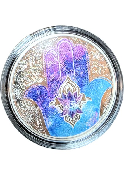 Palau 5 Dollars 2021 Proof 1 Oz. Silver 999 38.61 Mm. Sertifikalı Gümüş Hamsa`nın Elı Mineli