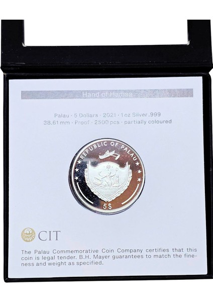 Palau 5 Dollars 2021 Proof 1 Oz. Silver 999 38.61 Mm. Sertifikalı Gümüş Hamsa`nın Elı Mineli modelleri