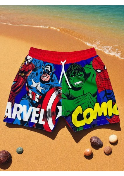 Erkek Çocuk Karakter Baskılı Bağcıklı Içi Ağ Fileli Deniz ve Havuz Şortu