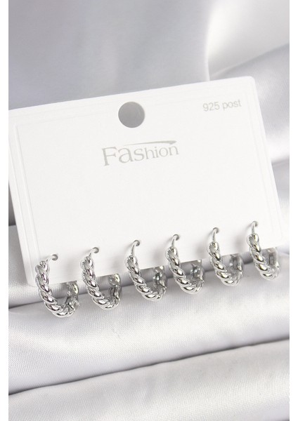 925 Ayar Gümüş Çivi Pirinç Gümüş Renk Sarmal Halka Model Kadın Küpe Seti - Lisinya