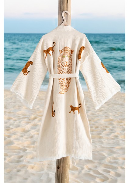 Organik %100 Pamuk Kimono Yaka Sabalık Bornoz Plaj Elbisesi - Leopar - S/m modelleri